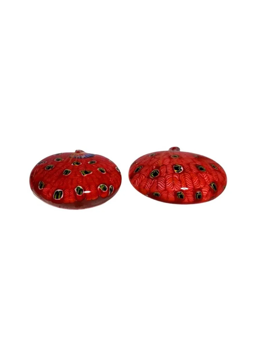 Art Glass Peacock Paperweights Red/White Multicolor Millefiori Design Set of 2